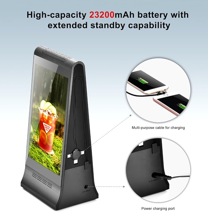 Digital Signage Display for Tabletop ,Interactive Digital Signage with Double 8 inch LCD Touch Screen and WIFI Connected,Rechargeable 23200mAh Battery,Portable Advertising Kiosk for Restaurants,Bar, Hotel ,Cafe (Black)