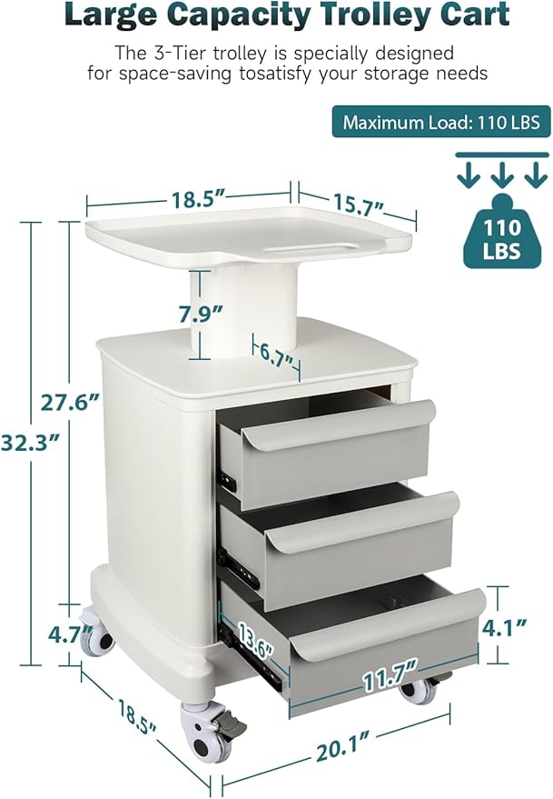 Mobile Trolley Cart for Portable Ultrasound Imaging Scanner Vehicle Trolley Beauty Storage Cart 115 LBS Load with 3 Drawers 4 Wheels for Hospital Office Bedroom Clinic