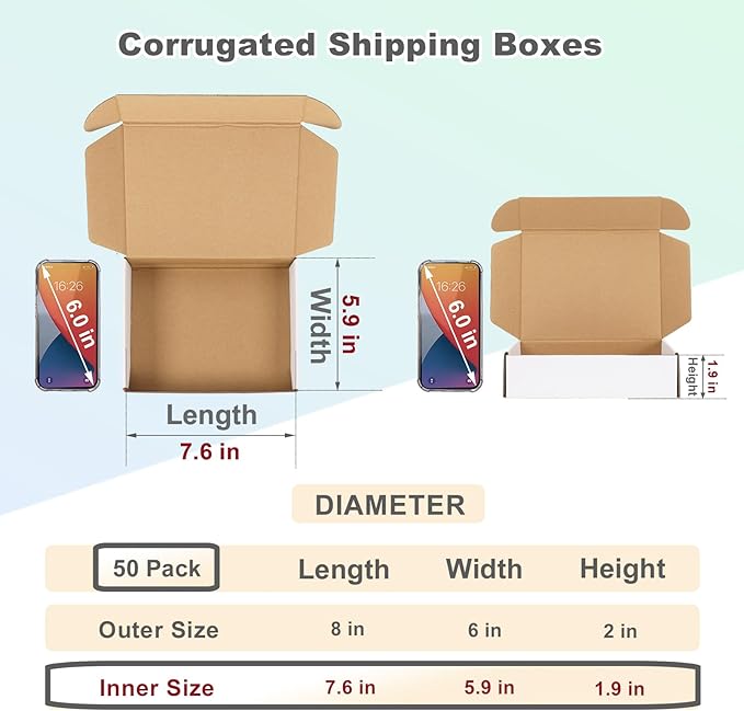 MEBRUDY 8x6x2 Inches Small Shipping Boxes Pack of 50, White Corrugated Cardboard Mailer Boxes for Packaging Small Business