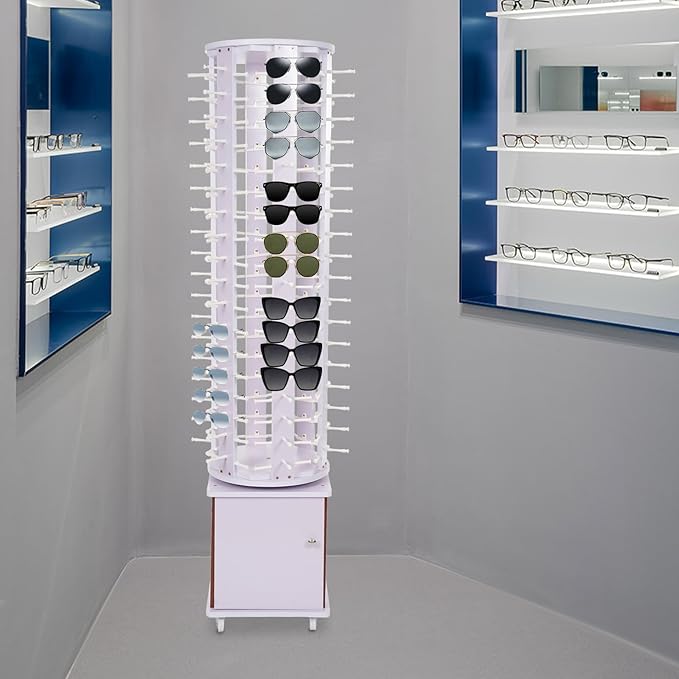 Sunglasses Display Stand, 108 Pairs Wooden 360° Rotating Sunglass Eyeglass Holder Organizer, Glasses Hanger Storage Rack for Retail Commercial Display, L14.2*H66.1in, White