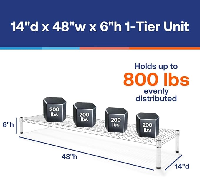 Shelving Inc. 14" d x 48" w Chrome Wire Shelving with 1 Tier Shelf, Weight Capacity 800lbs Per Shelf