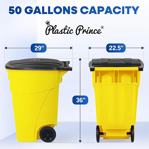50 Gallon Trash Can, Yellow Outdoor Garbage Can, Large Outside Trash Bin, Rolling Commercial Container Outdoor Trash Can with Lid and Wheels for Back of House, Office, Warehouse, Garage