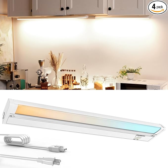 4 Pack 34" LED Under Cabinet Lighting Hardwired, 22W 1800LM 3CCT Adjustable (3000K/4000K/5000K), Plug-in Hardwired, Linkable Up to 10 Lights, 45° Rotatable Design