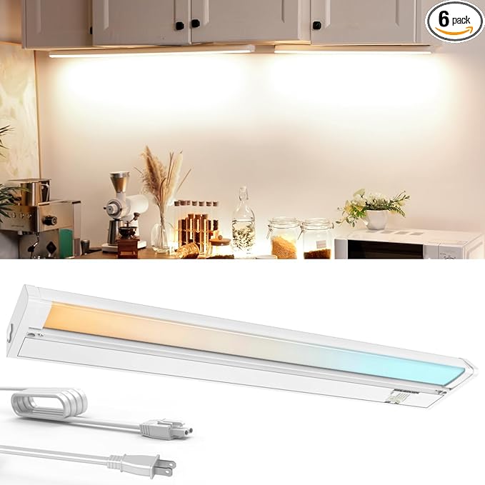 24" 6Pack Hardwired Under Cabinet LED Light Plug in, 16W 1200LM, 3CCT (3000K/4000K/5000K), Rotatable 45°, Connect Up to 10 Fixtures, Under Counter Lights Linkable for Kitchens and Offices,YT-4208-22-6