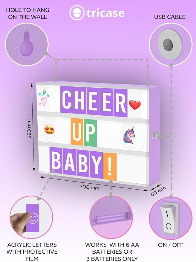 Purple Cinema Light Box with 312 Letters, Emojis & 3 Markers - Led Light Box Sign for Home & Purple Bedroom Decor for Girls - Light Up Letter Board - Best Gift Idea for Girls on Christmas