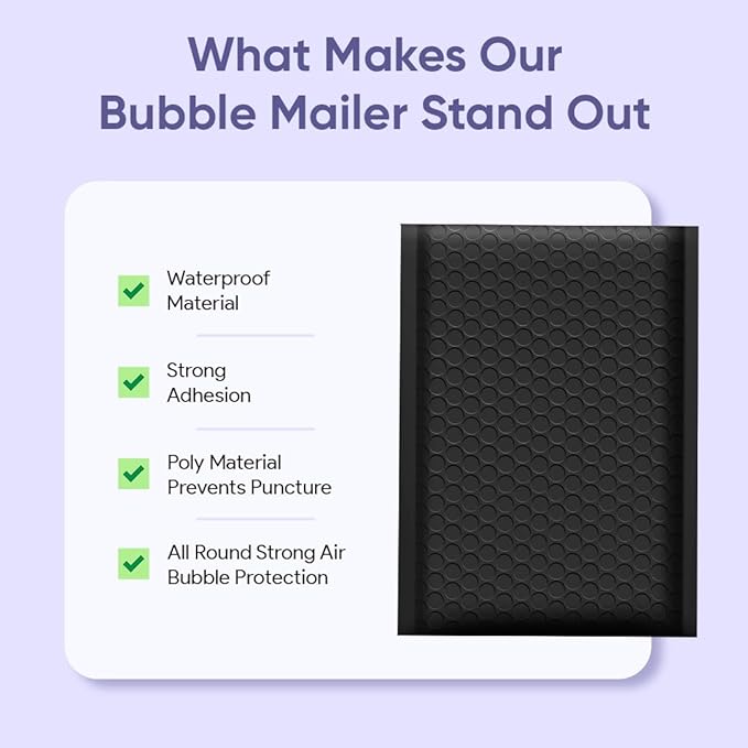 Black 10.5x16 Inch Large Poly Bubble Mailers #5 | Padded Envelopes with Self Seal | Air Lined Cushioned Bubble Mailer | Usable Size 10.5x15 | 100 Pack Bulk | Lightweight shipping Bags