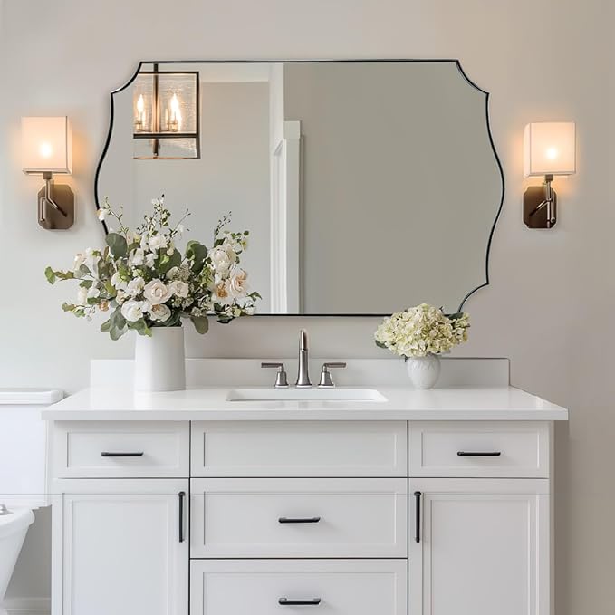 ANDY STAR 24x40 Inch Brushed Nickel Mirror, Unique Rectangle Bathroom Mirror, Large Decorative Mirror in Rust-Proof Stainless Steel 1" Frame, Modern Wavy Frame Design, Vertically/Horizontally