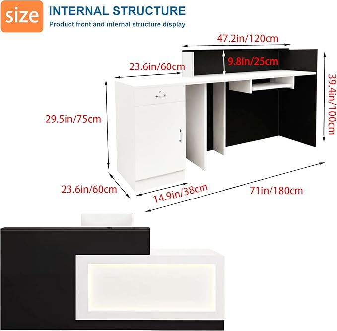 Reception Desk with Counter LED Light and Lockable Drawers and Storage Tall Modern Front Desk Reception Counter for Checkout Lobby Beauty Salon E Left 71inch/180cm