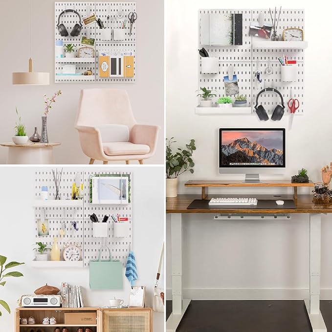 16pcs Pegboard sets, Plastic White Peg board Wall Organizer Kits,4pcs Peg Board and 12 Accessories Modular Hanging, Wall Mount Display Pegboard Panel Sets for Home Office Garage Kitchen Workshop