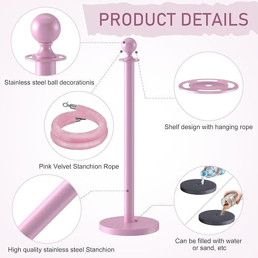 kaiyomi 6Pcs Stanchions with Pink Velvet Ropes Set, 5 Feet Velvet Ropes and Posts Poles for Red Carpet Party Decoration and 360° Photo Booth (Pink)