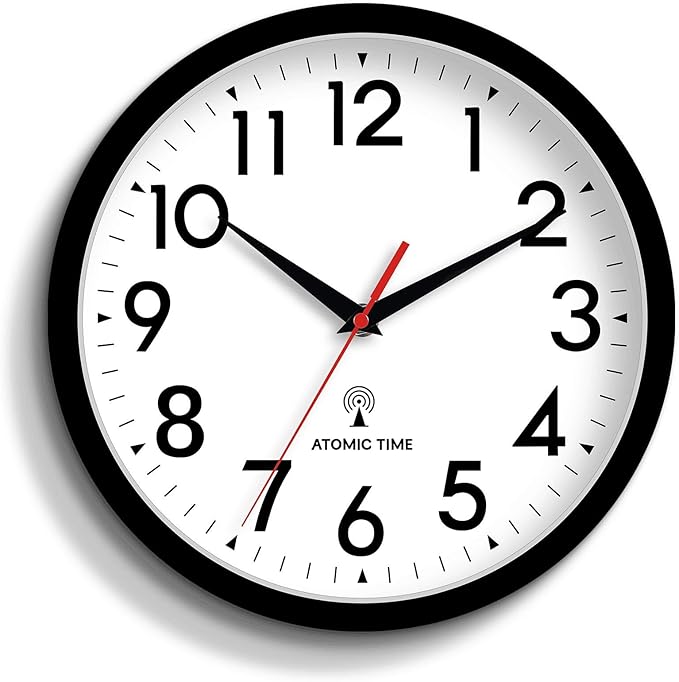 Atomic Wall Clock Analog 10 Inch Battery Operated Modern Decorative for Living Room Kitchen Office Bedroom Bathroom(Black)