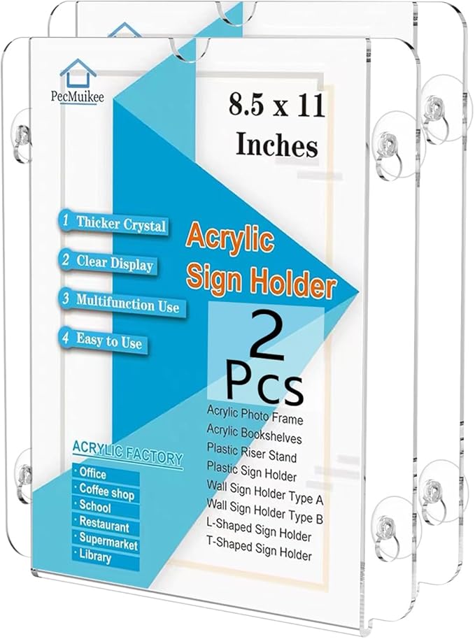 Pecmuikee Acrylic Window Sign Holder Suction Cups 8.5 x 11,Clear Acrylic Frames Wall Mount Advertising Signage Sign Holder for Glass Door Mall, Office, Home, Store, Restaurant (2 Pack)