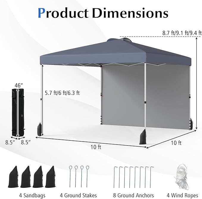 Tangkula 10x10 FT Pop up Canopy with Sidewall, Easy Setup Outdoor Tent with Wheeled Bag, 4 Sandbags, 4 Ropes, 4 Anchors, 8 Stakes, Vented Top, Portable Canopy Tent for Party Event Patio (Gray)