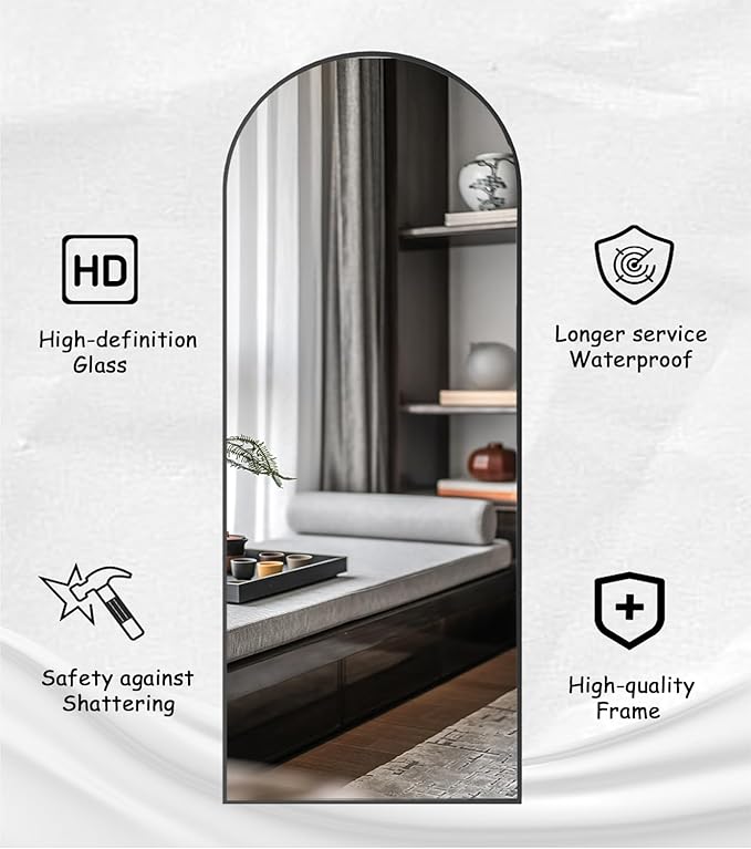 Floor Full Length Mirror, Arched Mirrors Full Length 71"x30" Freestanding Large & with Aluminum Frame & Wall Mounted & Hanging or Leaning/Full Body Mirror for Bedroom, Black