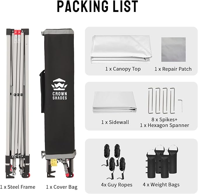 CROWN SHADES 12x12 Pop Up Canopy Tent Instant Commercial with 150D Silver Coated Fabric Including 1 Removable Sidewall, 4 Ropes, 8 Stakes, Weight Bags, STO 'N Go Bag, White