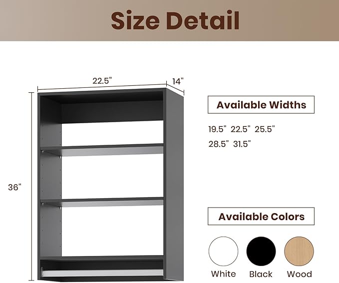 ROOMTEC 22.5" Medium Hanging Closet Unit, Modular Closet System with Hanging Rod, Wardrobe Organizer for Bedroom or Walk-in Closet, Wall Mounted, Customizable Clothes Storage Unit, Black