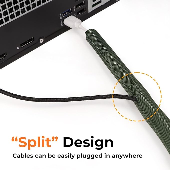 1 inch Split Braided Cable Management Sleeve for USB Cable Power Cord Audio Video Cable, High-Temperature Automotive Harness Wire Loom Cord Protector from Cat Dog Chewing (Orange, 10FT)