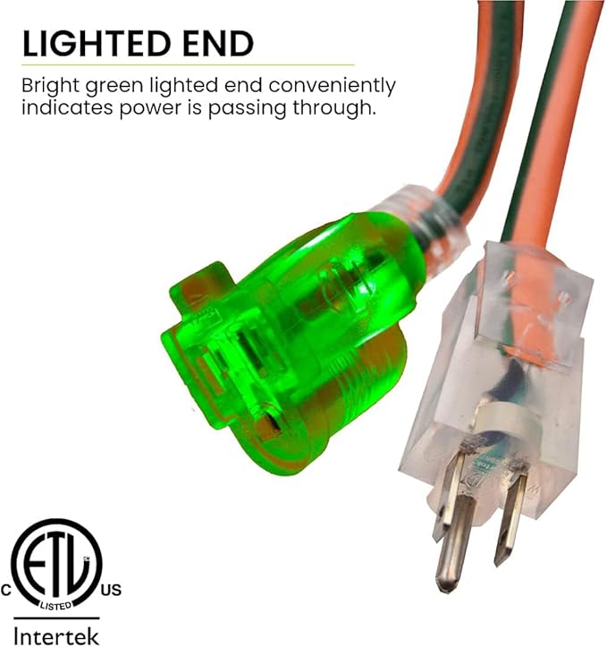 Go Green Power Inc. 16/3 25ft Outdoor Extension Cord with Lighted End - Contractor Grade, Durable, and Moisture Resistant - Ideal for Heavy Duty Tools - GG-13725