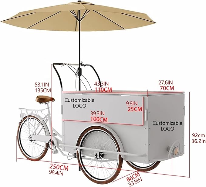 Mobile Vending Bicycle Cart, Food Display Stand with Parasol, Large Storage Space, Perfect for Shopping Malls, Events, Streets(Orange)
