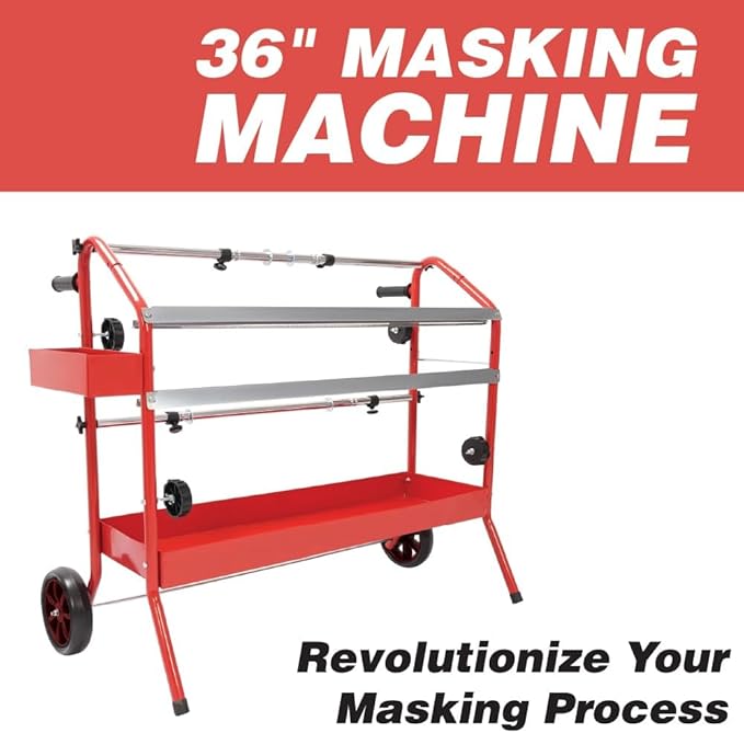 LAUCO 36" Mobile Masking Paper Machine with Storage Trays – Multi-Roll Masking Dispenser for Auto Body Paint, Car Repair & Collision Shop Prep (87277)