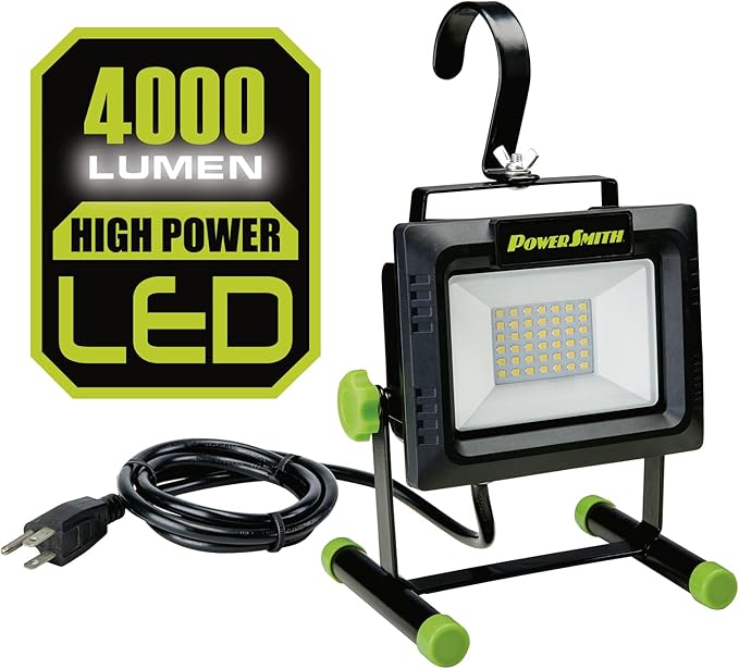 PowerSmith 4000 Lumen Portable LED Work Light with All Metal Stand and Sealed Switch for All Weather Flood Light, 5 Year Warranty (PWLS040H) , Black