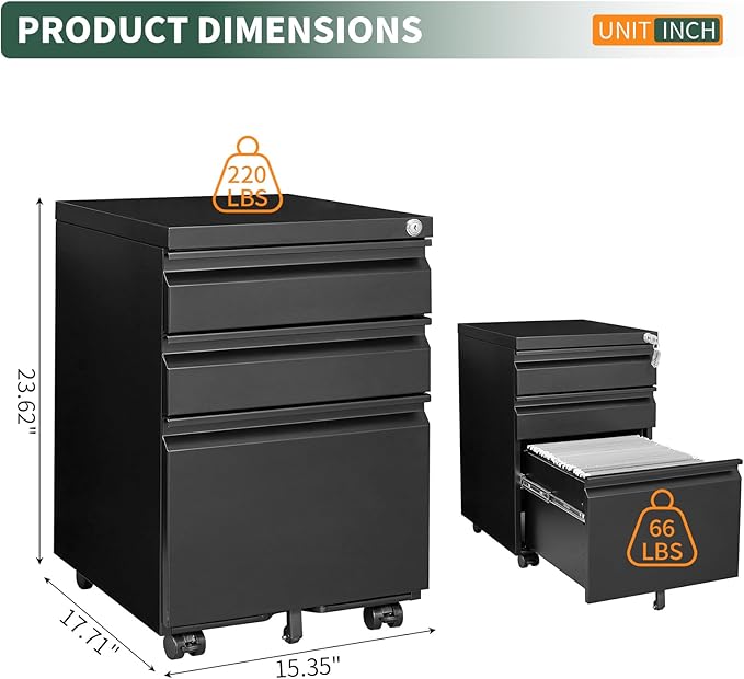 3 Drawer File Cabinet with Lock,Under Desk Rolling Small Filing Cabinet for Home Office Storage,Mobile Steel Cabinets with Wheels,Fully Assembled,Black