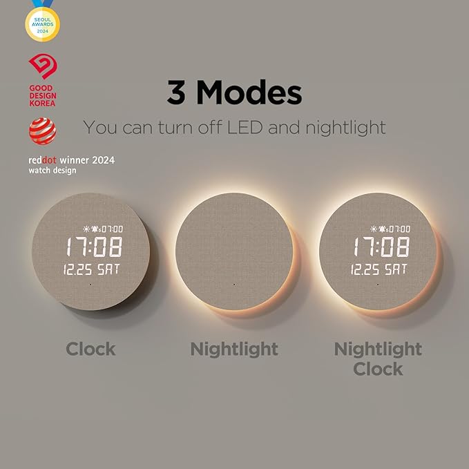 mooas Full Moon LED Silent Wooden Digital Wall Clock with Remote Control, Backlight Nightlight Digital Wood Wall Clock, Sunrise Alarm Melody, 5 Level Brightness Modern Decorative Office Livingroom