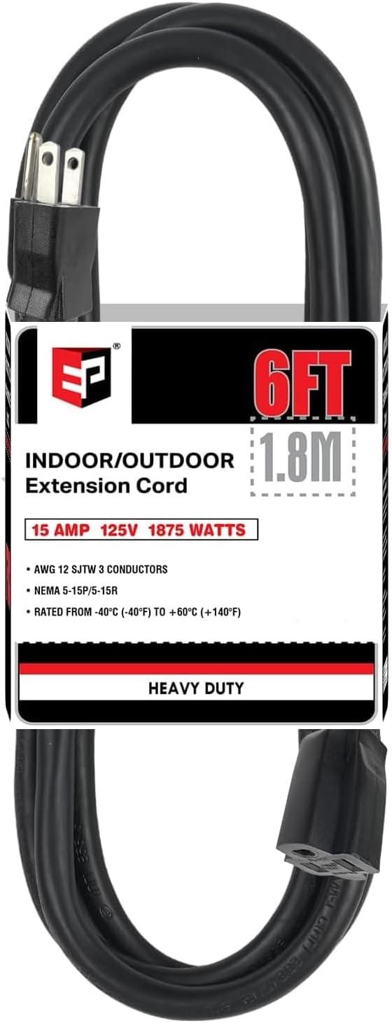 EP 6 Ft Outdoor Extension Cord - 12/3 SJTW Heavy Duty Black Extension Cable with 3 Prong Grounded Plug - Power Cord for Lawn, Garden, Appliances