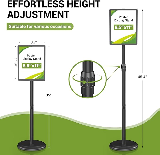 Sign Holder Stand Adjustable Sign Stand 8.5 x 11 Inches Floor Standing Sign Holder Snap-Open Frame 360° Rotating signage stand for Restaurant, Business, Shopping Mall