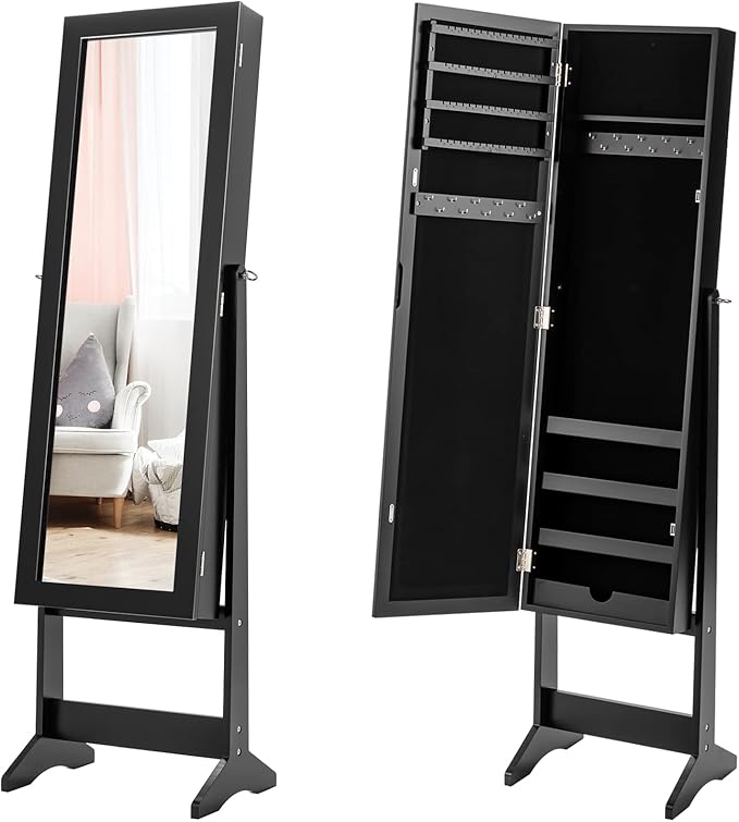 Giantex Jewelry Cabinet with Full-Length Mirror, Standing Jewelry Armoire Organizer with 64 Earring Slots, 72 Ring Slots, 20 Necklace Hooks, 4 Storage Shelves, 3 Angle Adjustable (Black)