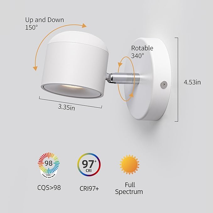 Aisilan White 7W Modern Dimmable Adjustable Wall Sconce Fixture LED COB Wall Spot Lighting Aluminum Bedside Reading Wall Light Warm White 3000K CRI 97
