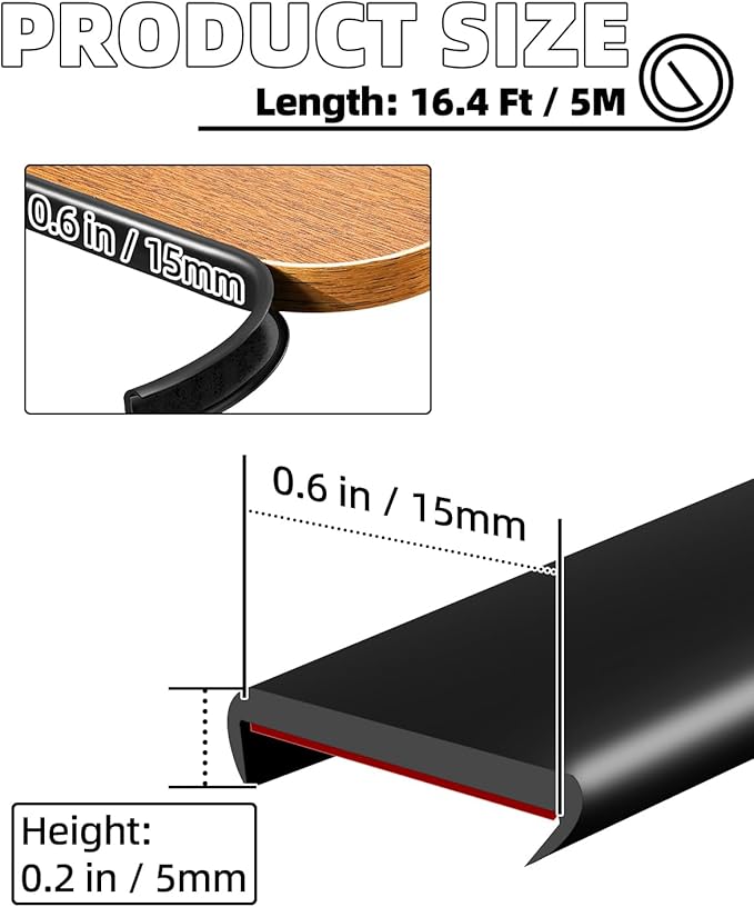 U-Shape Black TPE Edge Banding 16.4Ft Self-Adhesive Flexible Edge Trim, Furniture Edge Protector & Countertop Molding (W:0.6'' H:0.2'')