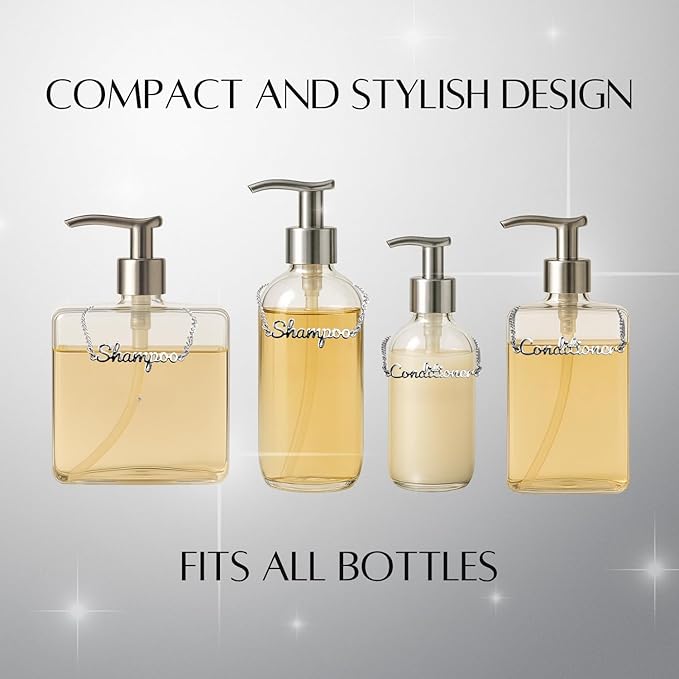 Stylish Metal Shampoo & Conditioner Dispenser Label Tags – 2-Piece Silver Handwritten Script Zinc Alloy Bottle Tags for Shower Dispensers