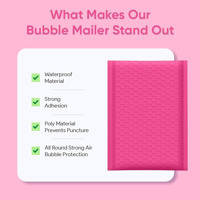 Hot Pink Small Poly Bubble Mailers 4x8 inch #000 | Self Seal Padded Envelopes | Cushioned Bubble Mailer | WaterProof trading card sports card | Lightweight mailing Shipping Bags | 500 Pack Bulk