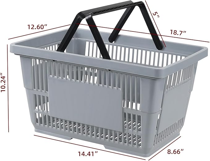 4 Pcs 28 L Durable Plastic Shopping Basket with Handle, Portable Shopping Basket for Supermarket Retail Store, 18.70" x 12.60" x 10.24", Gray