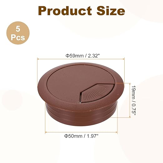 uxcell 5 Pcs 50mm (1.97 Inch) Desk Grommet, Plastic Cable Hole Cover, Wire Cord Cable Organizer for Home Office Computer Desk Cabinet, Brown
