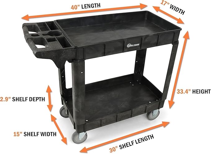 Rolling Utility Cart on Wheels, Heavy Duty Tool with Ergonomic Storage Handle and Deep Shelfs, Work Service for Garage, Warehouse, Workshop, 700-Pound Capacity 40 x 33 x 17-Inch