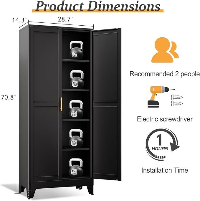 Black Pantry Storage Cabinet,71" Kitchen Pantry with Doors and 4 Adjustable Shelves, Metal Storage Cabinet, for Office, Home, Garage, School