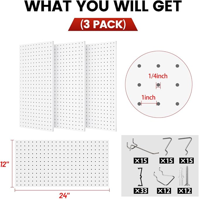 Pegboard, Metal Peg Board, Pegboards Wall Organizer with 57 Pcs Hooks, Sturdy Peg Board for Garage Tool Organization, Home & Office Wall Decoration (White, 3 Pack)