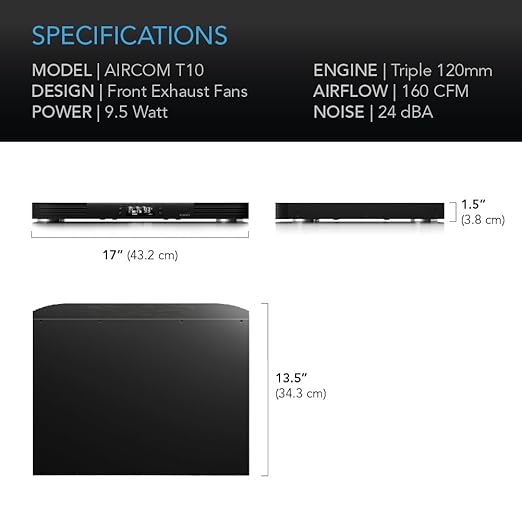 AC Infinity AIRCOM T10, Quiet Cooling Blower Fan System 17" Front-Exhaust, for Receivers, Amps, DVR, AV Cabinet Components, Compatible with Digital Video Recorder