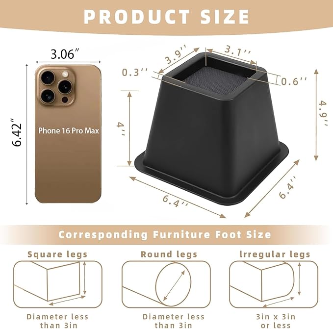 Bed Riser/Furniture Lift Bed/Bed risers/Furniture Lifter/Table risers/Frame Risers Create Under Bed Storage Heavy Duty for Furniture Height Adjustment (Black 4 Pack, 4 Inch)