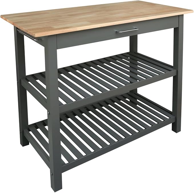 Island Oasis Solid Wood Kitchen Island with Drawer, Stainless Steel Towel Bar and Open Storage Multi-Purpose Prep Table for Home Kitchens Grey and Natural