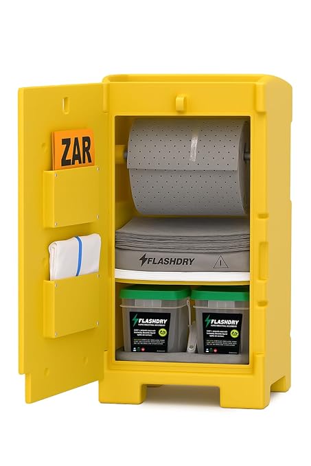 FlashDry Mobile Universal Spill Kit Station – 19.25"x19.25"x39", Absorbs Oils, Coolants, Water-Based Chemicals, for Warehouses, Factories & Auto Shops, Lockable, Includes Coir, Pads, Socks & PPE