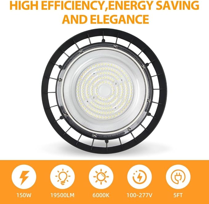 2Pack UFO LED High Bay Lights 150W,19500LM,6000K Daylight,Energy Efficient Commercial Warehouse Shop Light with 5ft Power Cord,AC100-277V