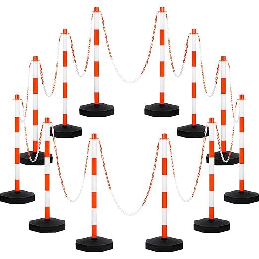 Amylove 12 Packs Traffic Delineator Post Cone with Base, Traffic Cones Safety Cones Caution Cones Plastic Stanchion Chain Safety Barriers with 6.6 Feet Link Chain and S Hooks for Parking Lot (Orange)