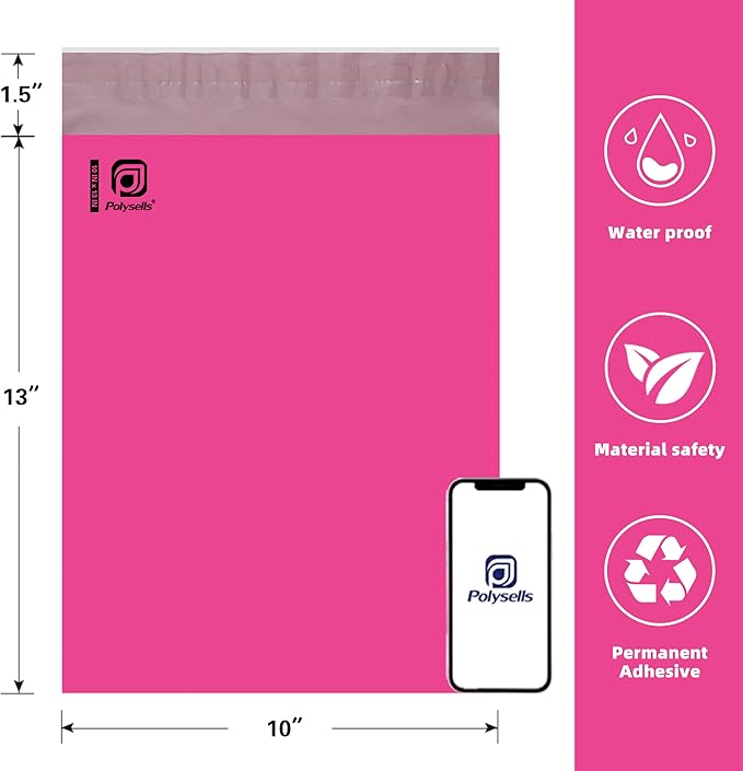 POLYSELLS 500 pcs 10x13 Inches Pink Poly Mailers Shipping Envelopes, Strong Adhesive Sealing, Waterproof, and Tear-resistant Postal Mailing Bags for Clothing, Books, and Accessories