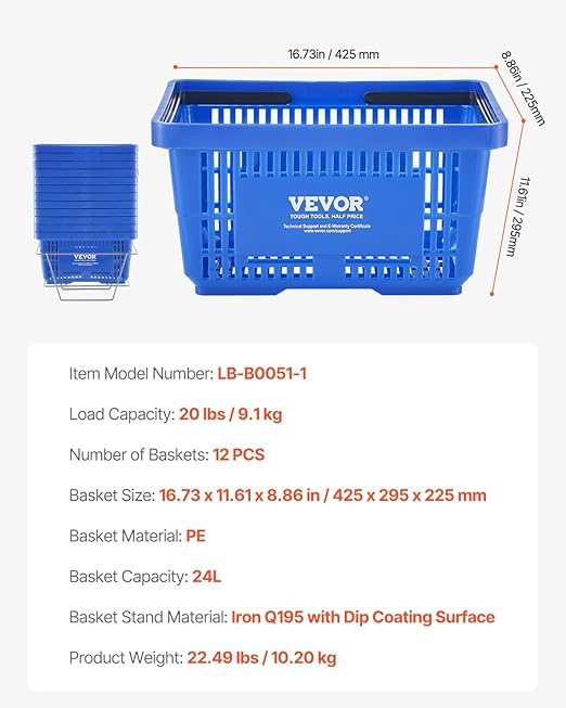 VEVOR 12 PCS Shopping Basket, 16.73 x 11.61 x 8.86 inch Durable Plastic Grocery Basket with Stand & Handle, 24L Portable Shop Basket Bulk, Idea for Retail Store Supermarket Grocery Shopping, Blue