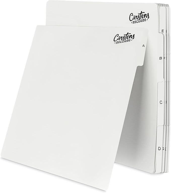 Carstens Records Heavy Duty Vinyl Album Dividers | 12" LP Separators with Tabs | Made in The USA | Music Organizer Tabs for Collectors (White, Double-Sided, A-Z Vertical Tabs, 26 Tab Set)