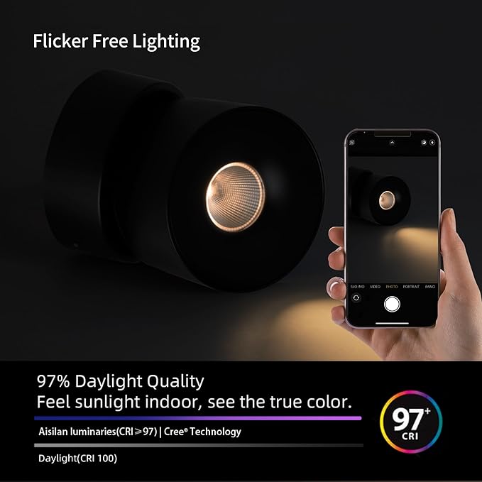 Aisilan Ceiling Spot Lights Indoor, 15W Modern LED Spotlight 350° Directional Accent Lighting, Dimmabel Spotlight Fixtures for Picture Panting Living Room Bedroom Mural,3000K, CRI 97, Black