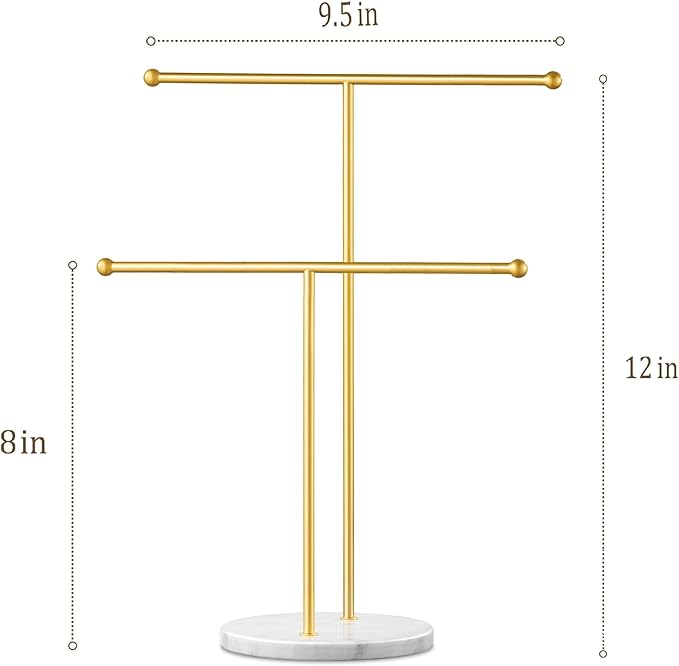 pickpiff Necklace Holder Stand: 2 Tier Jewelry Organizer with Marble Base, Gold Jewelry Tree Display for Bracelets, Rings, Earrings, Gold and White